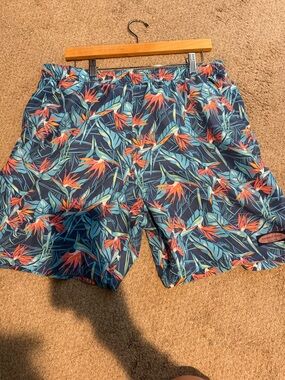 Vineyard Vines Navy Swim Trunks with Teal & Orange Floral Print